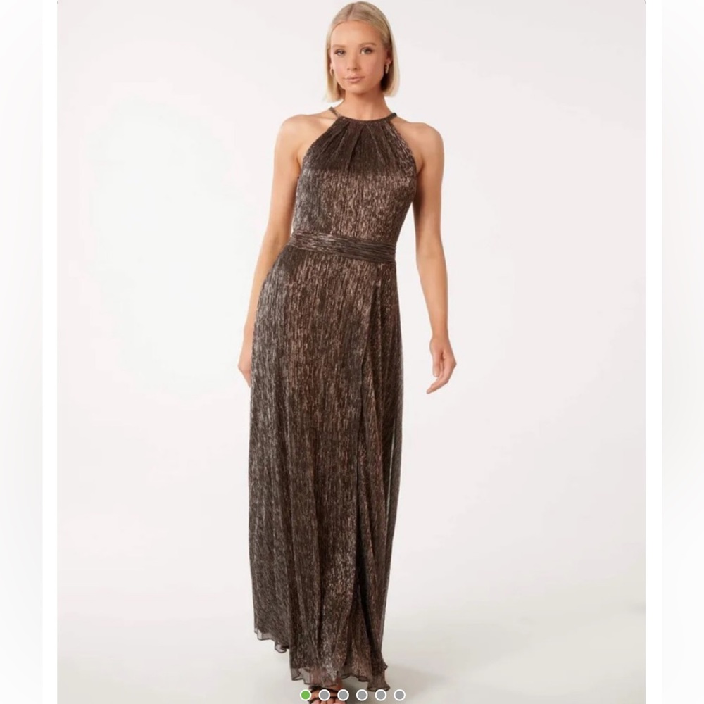Evernew Brown Bonze Metallic Halter Dress